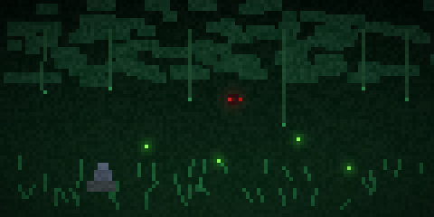 Rainforest hollow: vines, ferns, acid glints and red eyes in the dark