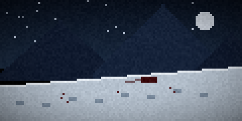 A snowy ridge at night with footprints and dark stains in the snow