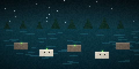 River crossing at night: stepping stones, two of them pale as bone