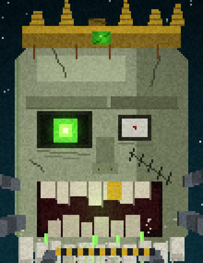 The Meduso's crowned head, one eye burning acid green